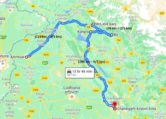 Amritsar to Macleodganj to Bir to Chandigarh route trip plan
