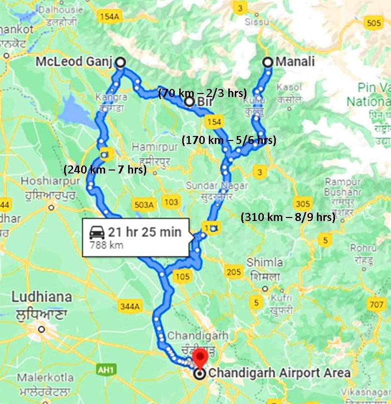 Manali to Bir to Dharamshala route