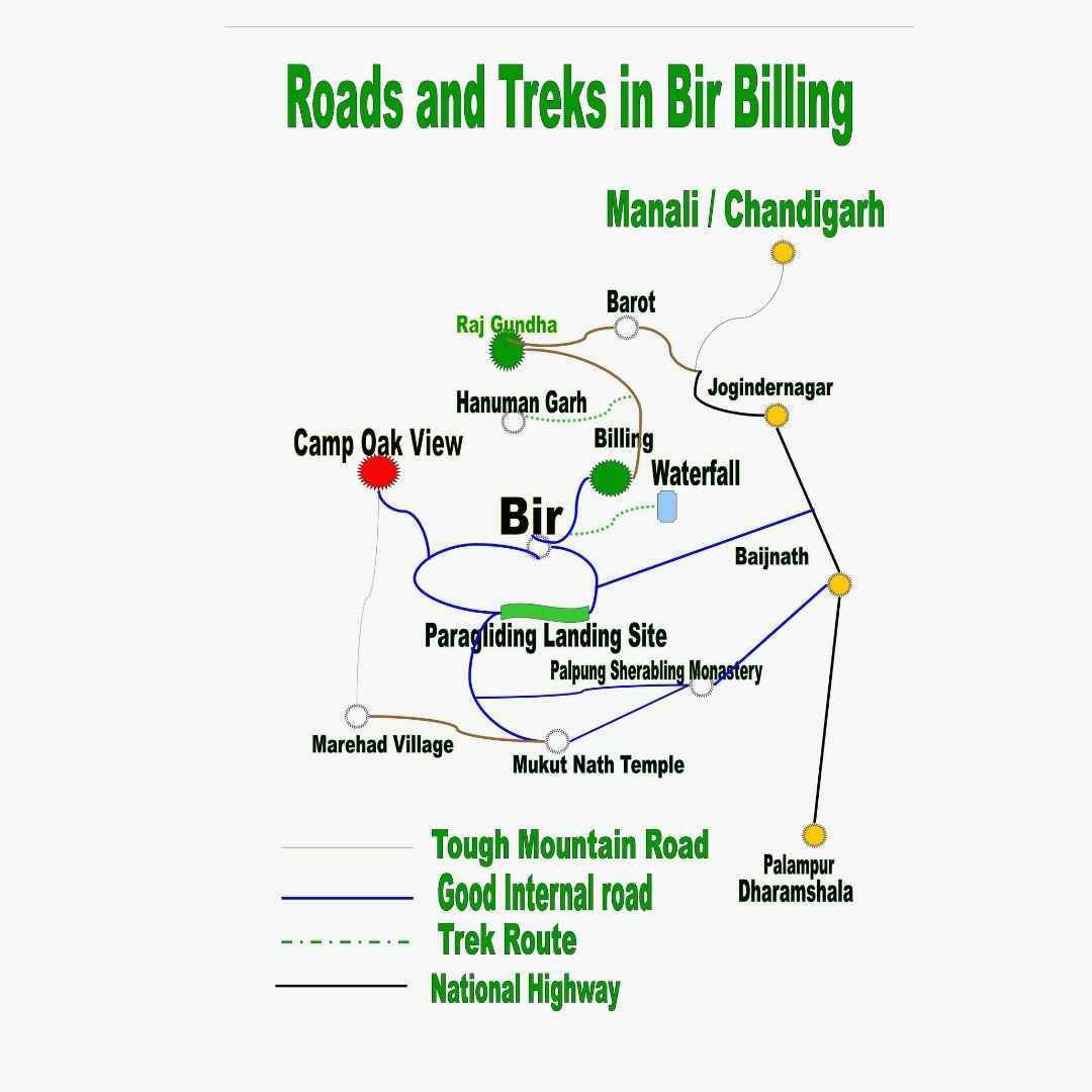 Road map of Bir and around showing routes to the Paragliding Landing Site