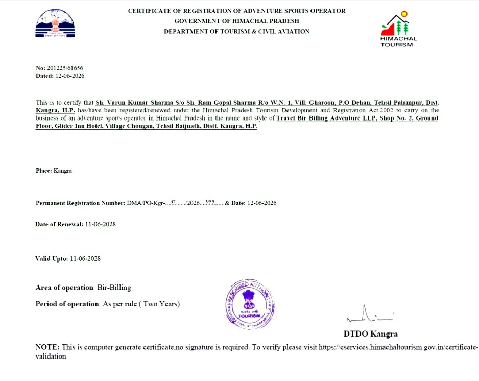 Registered Paragliding Operator of Bir Billing is Travel Bir Billing Adventure